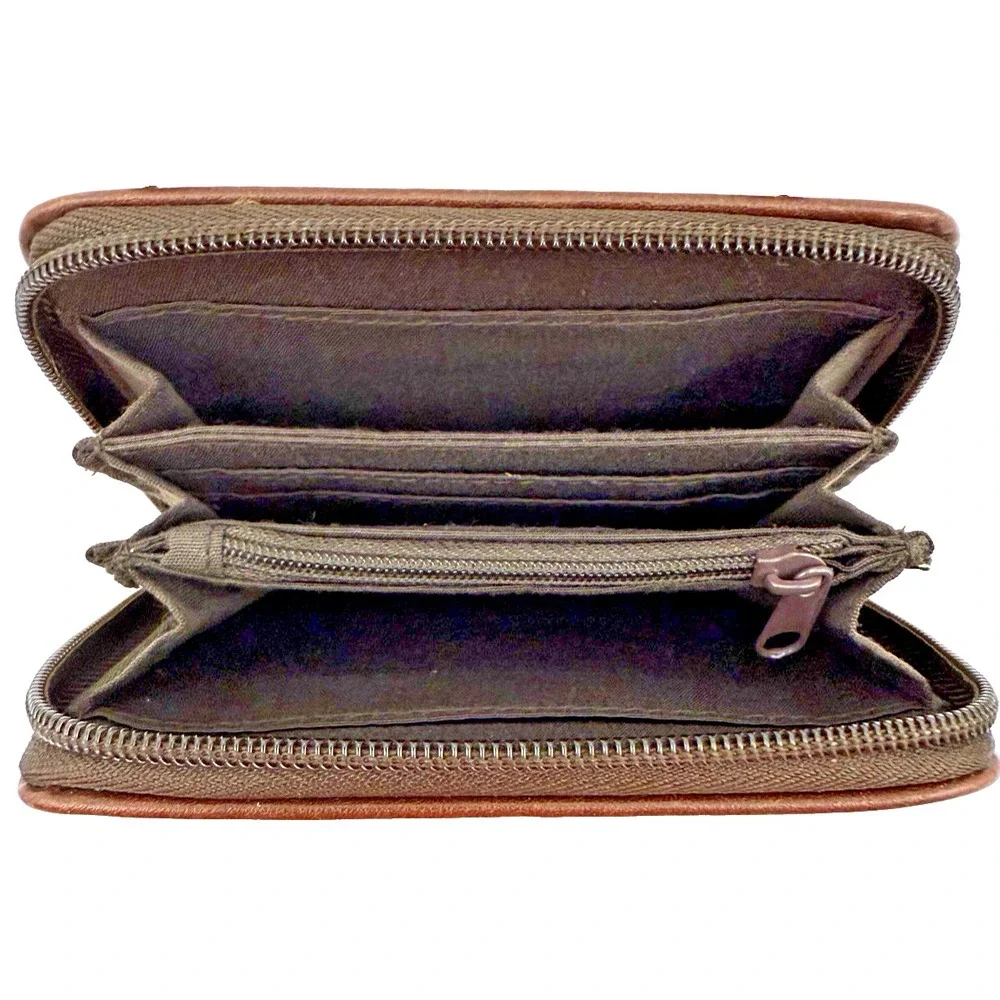 STRADA Brown Leather Wallet with Zip-Around Closure for Men or Women